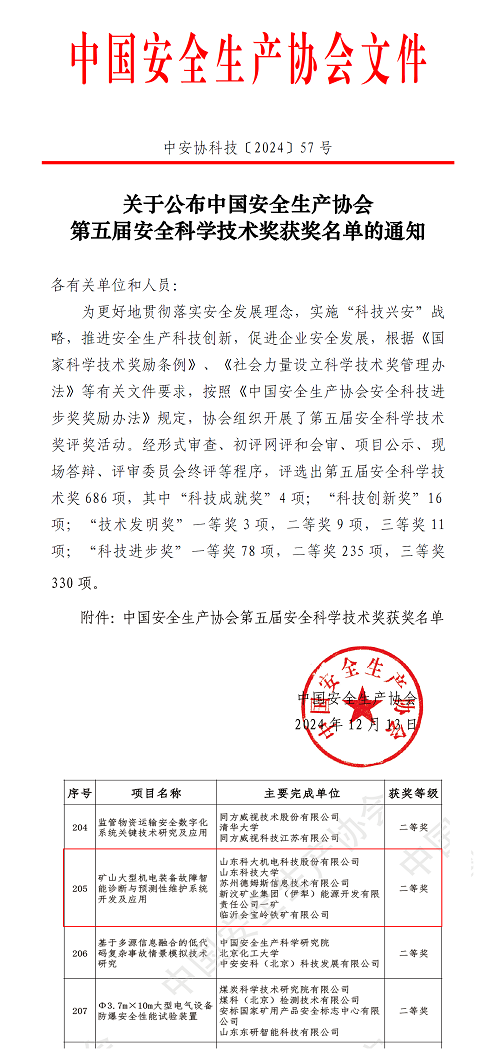 2024年12月矿山大型机电装备故障智能诊断与预测性维护系统开发及应用项目荣获中国安全科研技术二等奖.png
